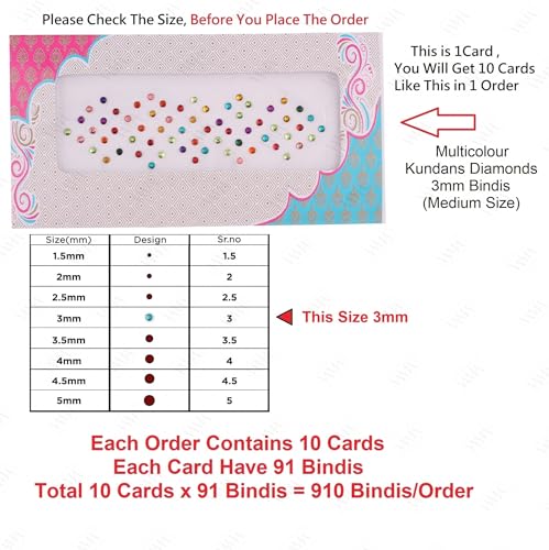 Image of VAMA Rhinestone Multi Color Crystal Stone Bindi kumkum Sticker Diamond Cut Kundan Multicolour bindiya Bindis Set for Women (10 Cards)
