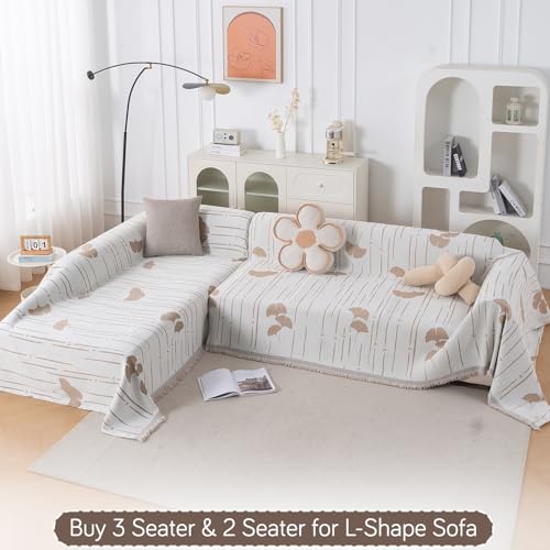 Image of HOKIPO Printed 320 GSM Chenille Sofa Cover Throw Blanket for 2 Seater Sofa - All Season, 'Serene Abode Series' Beige Ginkgo Lines (180x250 cm) (AR-6632-D2)