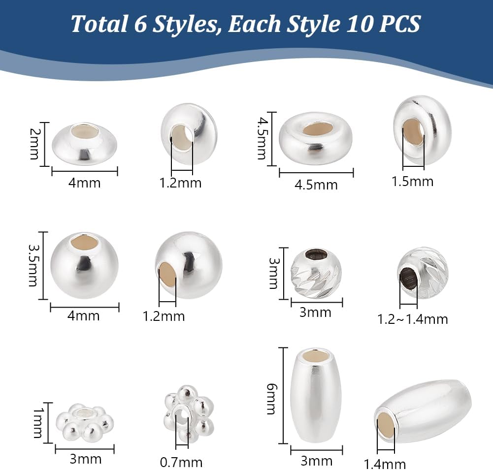 PH PandaHall 60pcs 925 Sterling Silver Beads for Jewelry Making, 6 Style Small Bracelet Spacer Beads Smooth Loose Beads Beading Supplies for Crafts Necklace Bracelets Earring Making, 3-6mm