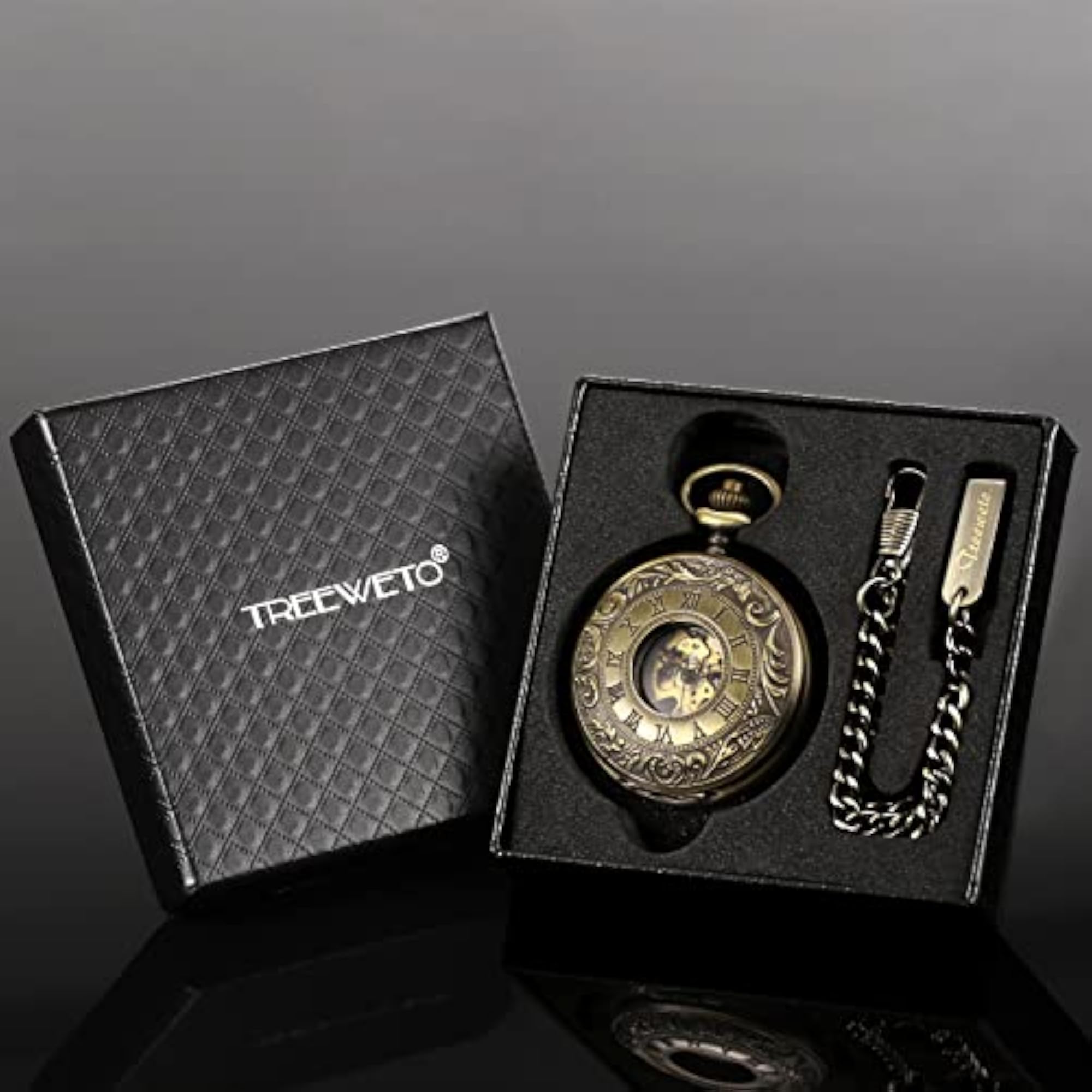 Men's Skeleton Mechanical Pocket Watch with Bronze Design