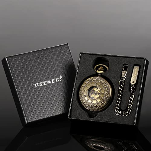 Image of TREEWETO Mens Skeleton Mechanical Pocket Watch, Retro Roman Numerals, Half Hunter, Bronze