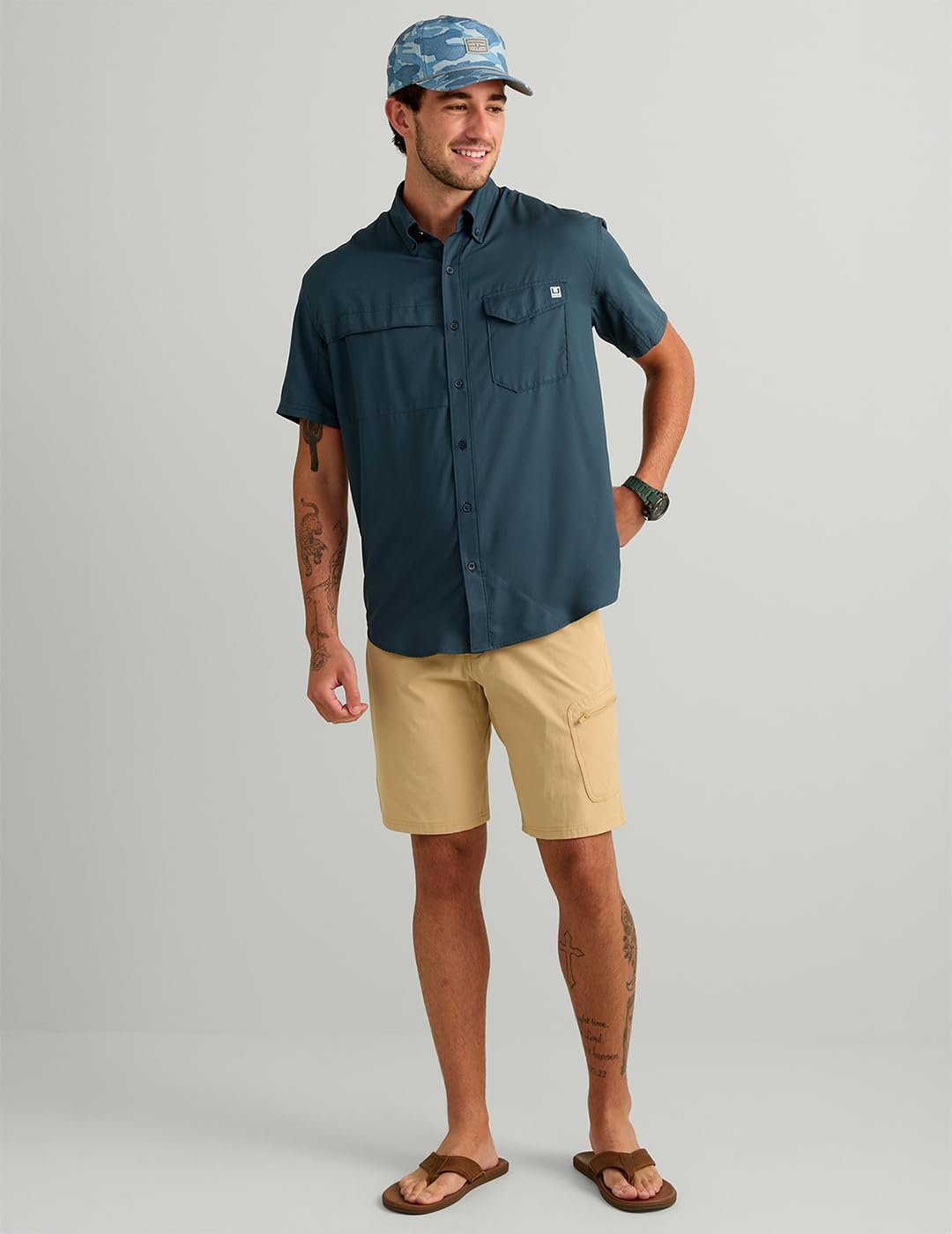 HUK Men's Tide Point Kc Scott Original Artwork Short Sleeve Shirt, Fishing Button Down
