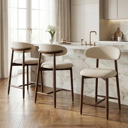 Image of Bar Stools Set of 3, 25.6″ Counter Height Bar Stools with Wood Legs, Upholstered Modern Kitchen Barstools for Kitchen Island Dining Room Bar, Beige