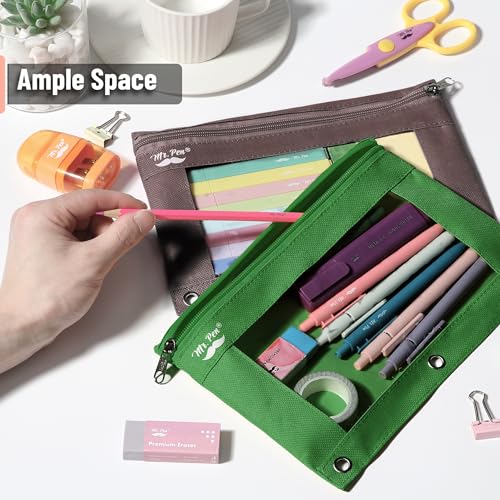 Image of Mr. Pen- Pencil Pouch for 3 Ring Binder, 2 Pack, 10 inchx6.75 inch, Smooth Zipper | Clear Window, Large Capacity Pencil Case with 3 Reinforced Grommets for School, Office, Supplies Storage | Clear Window, Large Capacity Pencil Case with 3 Reinforced Grommets for School, Office, Supplies Storage