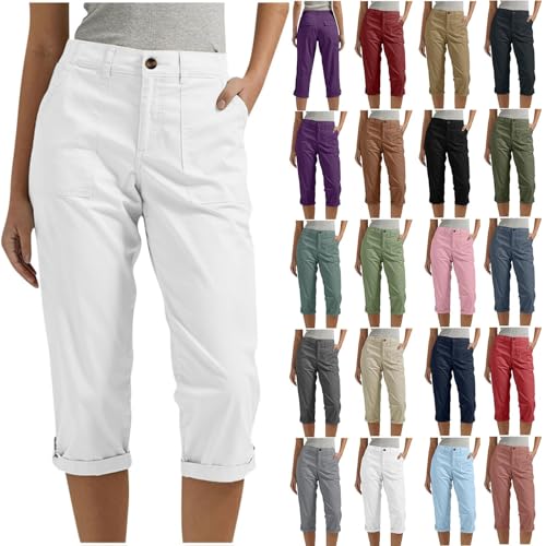 Capri Pants for Women Casual Summer Spring Stretch Straight Leg Cargo Capris with Pockets Rolled Hem Cropped Trouser