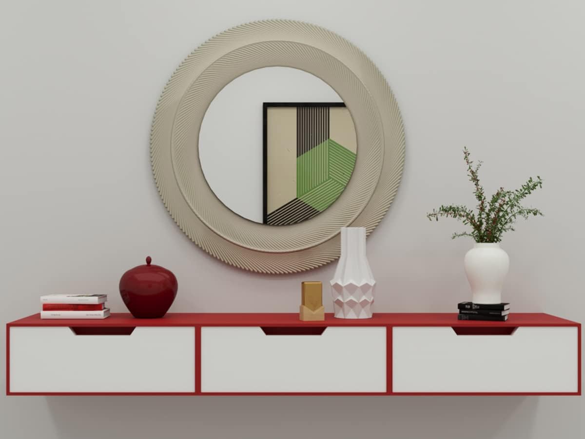 vudy Exclusively Launched Engineered Wood Wall Shelf with Drawer for Living Room Storage & Home Decorative Items with 3 Drawers Wall Mounted Cabinet Style Decorative Shelves Pack of 1 (Red & White)