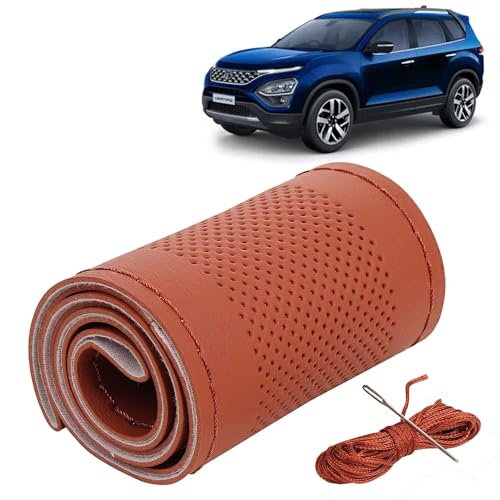 Image of KINGSWAY PU Leatherite Car Steering Cover Sewable Compatible with Tata Safari (Year 2021-2023), Tan Color with Tan Thread, Pack of 1 with Sewing Needle and Thread