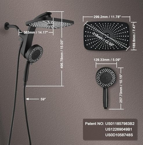 Image of 12 inch High Pressue Rain Shower Head with Handheld, 9 Sprays Hand Showerhead | Shower Heads with Handheld Spray Combo, Dual Head, Built-in Magnetic Docking, Power Jets, 59 inch Shower Hose, Black 1.75GPM