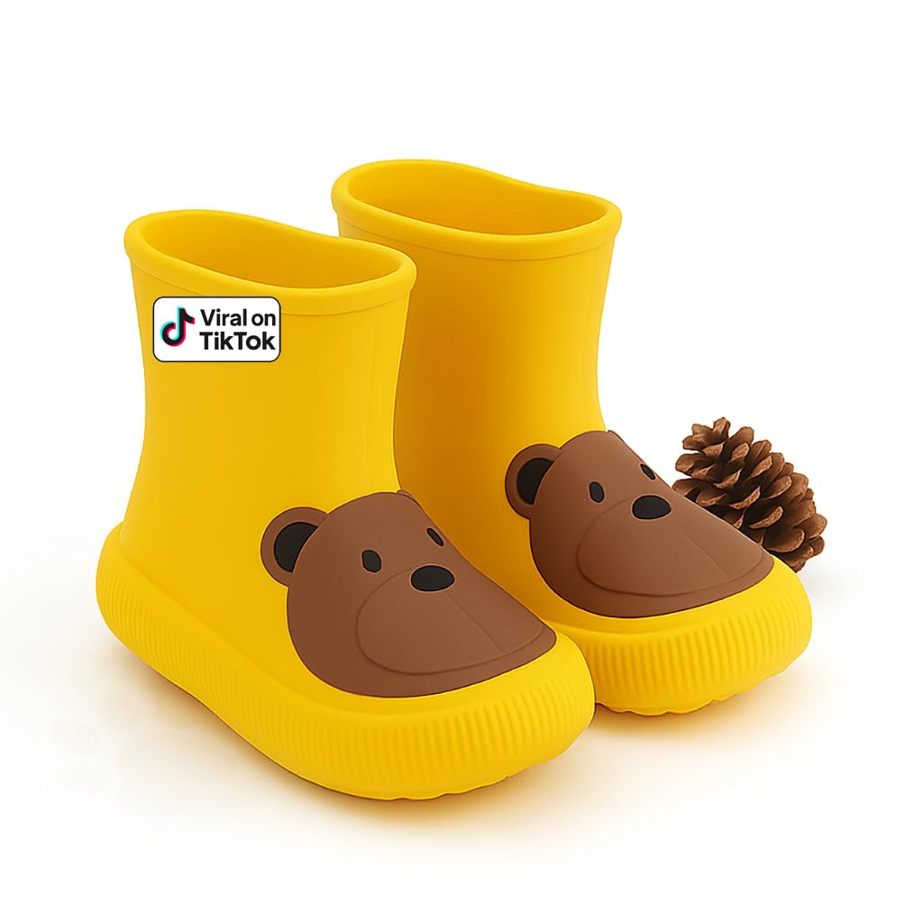 Slipolini Toddler Rain Boots – Premium Kids Rain Boots for Boys & Girls with Non-Slip Soles – Children's EVA Outdoor Shoes - Beige Bear Paw Design