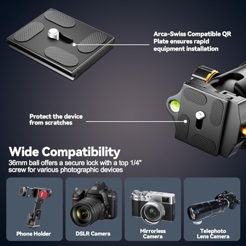 Image of EMART 36mm Metal Tripod Ball Head, 360Rotating Panoramic Heavy Duty Ball Head Mount with Arca 1 /4'' Quick Release Plate for Camera Tripod Monopod DSLR Camcorder Telescope,Max Load 33lb /15kg