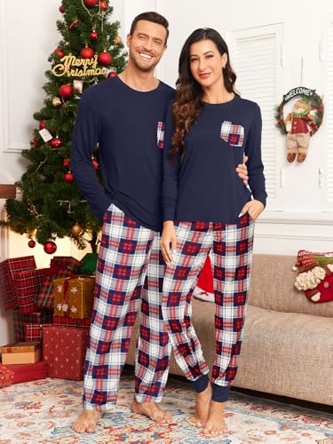 Matching Couple Pajamas Buffalo Plaid Christmas Pjs with Pockets Modal Long Sleeve Sleepwear Navy Blue Plaid L2