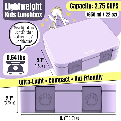 Image of BEARFOOT Kids Lunch Box with Compartments - Compact & Lightweight | Leak-Proof, BPA-Free, Dishwasher Safe | Hand-Drawn Design for Preschool, School, Travel (Purple, 2.75 Cups)