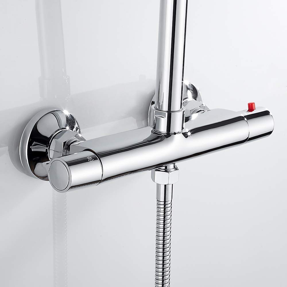 Keyohome Mezclador Termostático para Ducha, 2 Salidas, Latón Cromado, Antiquemaduras, Baño tamaño de Entrada: G 3/4 ", tamaño de la Salida: G 1/2"
