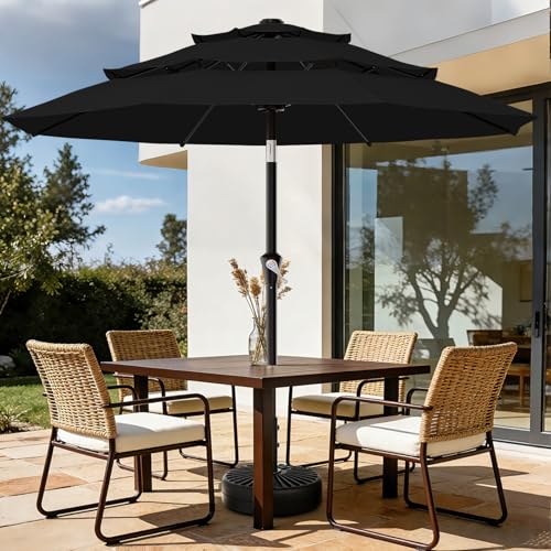 Image of AreShark 9ft 3-Tier Patio Umbrellas, Outdoor Umbrella with 8 Sturdy Ribs UV Protection Windproof, Market Table Umbrella w /Push Button Tilt & Crank for Pool, Porch, Deck, Garden(Black)