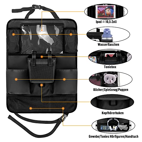 Annmore Auto Organizer für Toniebox Starterset, Kinder Rücksitzschoner mit Halter für 10 Zoll Tablet, Sitzschutz Rückseite, Schwarz, 1 Stück
