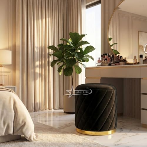 Image of Ottoman Stool, Puffy Stool, Sitting Stool, Modern Upholstered Round Ottoman, Dressing Table for Living-Black