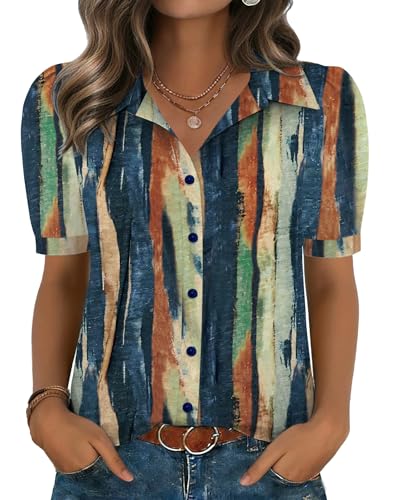 Zeagoo Ladies Tops and Blouses Short Sleeve Pattern Button Down Dress Shirt with Collar Soft Stylish Outfits