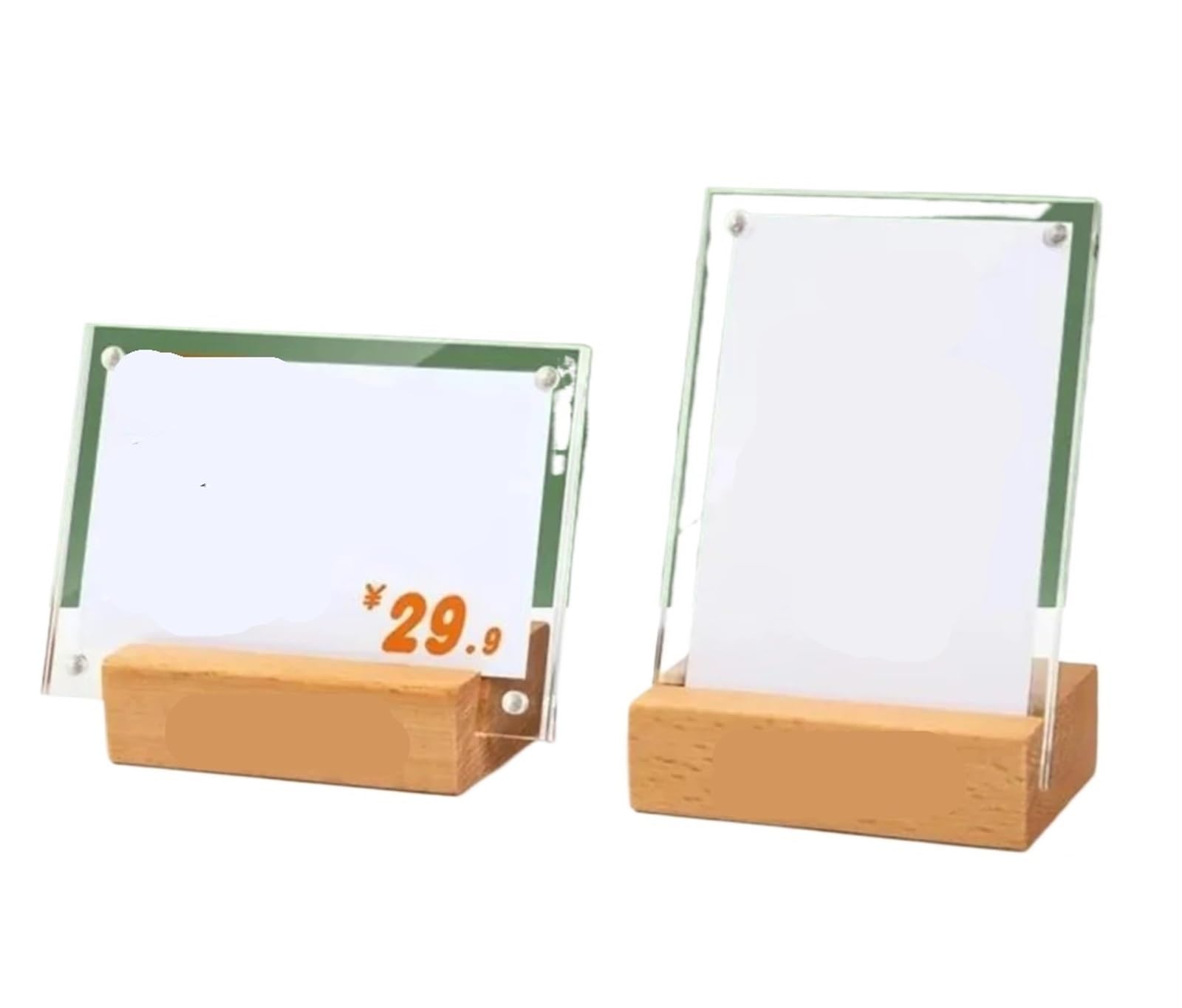 Zovloer Solid Wood Products Price Tag 6pcs Wooden Base Slanted Acrylic Price List Display Stand Menu Holder Sign Label For Retail Store Boutique Restaurant(15X21cm)