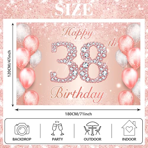 Image of Happy 38th Birthday Rose Gold Banner Cheers to 38 Years Old Backdrop Confetti Balloons Theme Decor for Women 38 Years Old Pink Birthday Party Decorations Bday Supplies Background Favors Gift Glitter