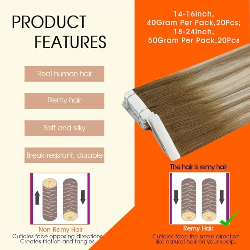 Image of Full Shine Injection Tape in Hair Extensions Color 3 /8 /22 Ombre Balayage Human Hair Tape in Extensions 14Inch Seamless Skin Weft Natural Straight Remy Extension 40G 20Pcs Soft Silky
