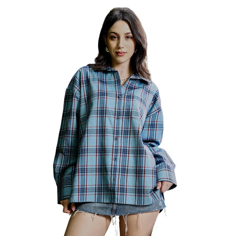 Campus Sutra Women's Oversized Shirt, Spread Collar, Long Button-Cuff Sleeves, Button Closure, Checks Brushed Woven Shirt for Casual, Sky Blue in blue