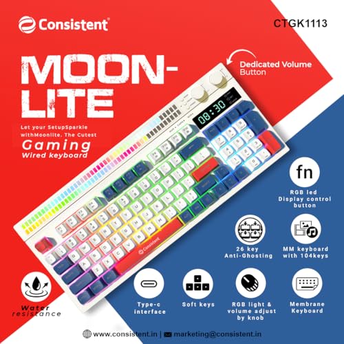 Image of Consistent Moonlite Gaming Wired Keyboard, 104 Keys, RGB Light Control Knob, 26 Anti-Ghosting Keys