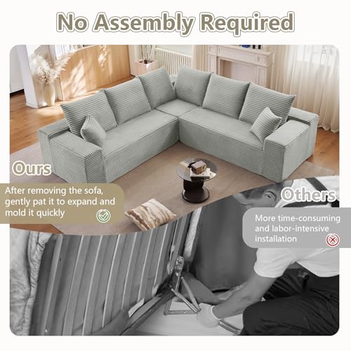 Image of Sectional Cloud Couch for Living Room, Modern Modular Floor Deep-Seat Sofa, Upholstered L Shaped Sofas, Big Comfy Corduroy Couches Set for Living Room Bedroom, No Assembly Required, Grey