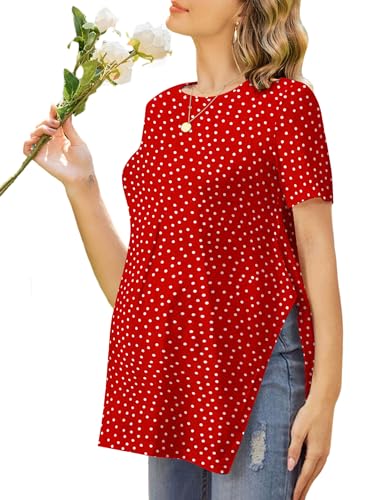 Image of Ekouaer Maternity Shirts Short Sleeve Pregnancy Tops Split Side T Shirts Casual Crewneck Pregnant Blouse Clothes Cute Polka Dots L