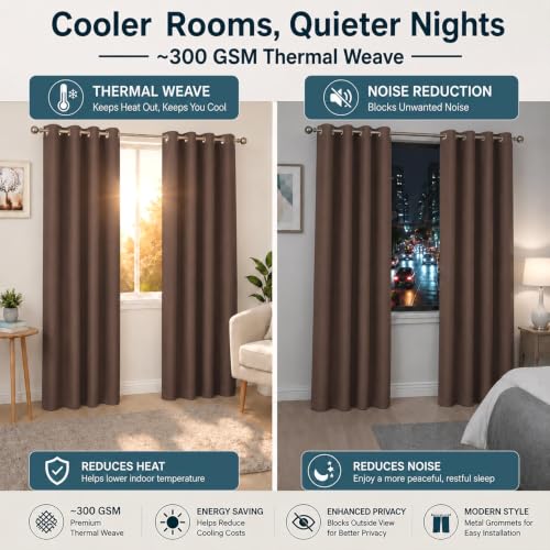 Image of Cloth Fusion Blackout Door Curtains 7 Feet Long Set of 2, Brown | Up to 90% Sunlight Block, Room Darkening, 3-Layer Triple Weave, Thermal Insulated, Stainless Steel Grommets