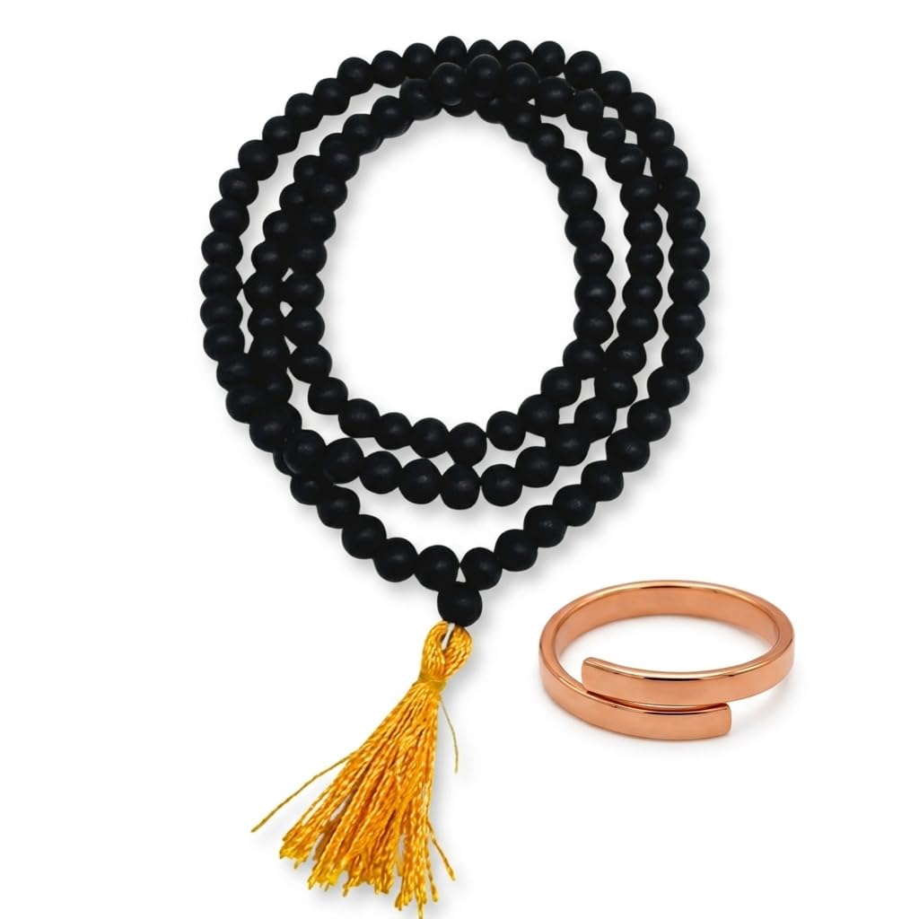 pajori Natural Karungali Mala 108 Beads Ebony Wood Meditation Necklace with Pure Copper Adjustable Ring | Spiritual Yoga Mala for Men & Women-picture-26