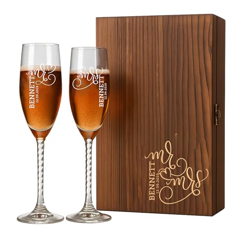Product Image of the Froolu Mr and Mrs Champagne Flutes with Engraved Wooden Box – Set of 2 Elegant Toasting Glasses – Perfect Wedding, Anniversary, Engagement Gift – Personalized Gift for Couples