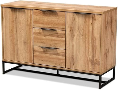 BOWERY HILL Aparador Buffet de 3 cajones de metal negro con acabado de roble