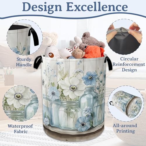 Image of Flowers Laundry Basket,Foldable Oxford Cloth Vintage Wooden Board Laundry Hamper with Handles, 20.8 inchx16 inch Tote Bag Clothes Storage Bucket for Laundry Room /Bathroom /Bedroom /Dormitories