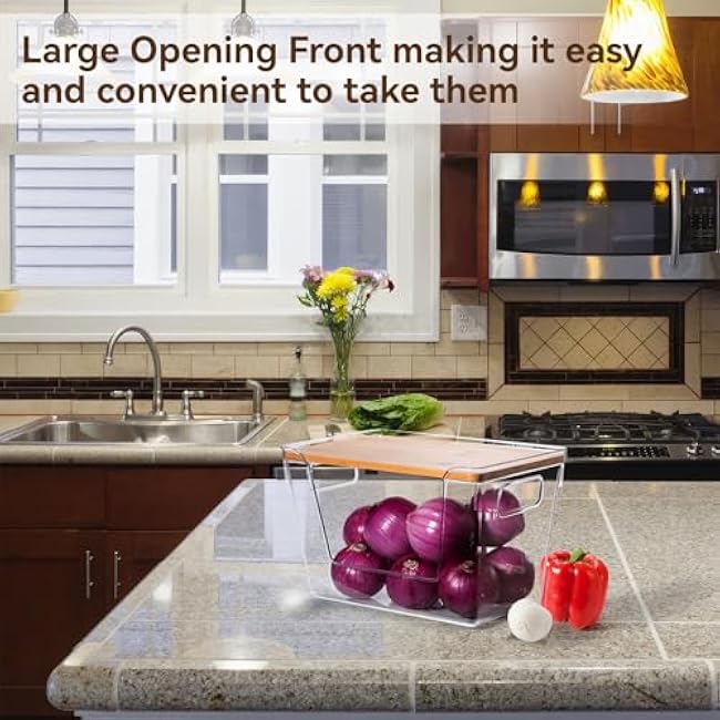 2 set Pantry Organizers and Storage,Stackable Onion Storage Potato Storage,Kitchen Laundry Organizers with Bamboo Top for Vegetable,Fruits, Snacks,Produce Clear