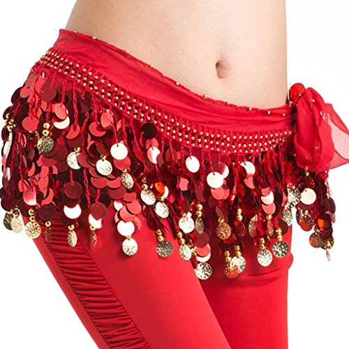 Image of VRITRAZ Women's Chiffon Belly Dance Hip Scarf Waistband Belt Skirt Mixed Colors Beads and Golded Coins 56 Black