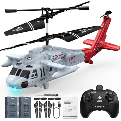 DEERC Black Hawk RC Helicopter, Remote Control Helicopter with Red Scorpion Tail Design, 24 Mins Flight (2 Batteries), Helicopters Toy for Kids, LED Lights, Altitude Hold, Birthday Gift for Boys 8-12