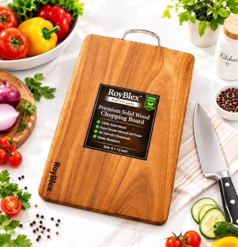 Image of Acacia Solid Wood Cutting Board for Kitchen with Stainless Steel Handle|Naturally Antibacterial Wooden Chopping Board | Cutting Board for Vegetables, Fruits, Meat, Fish, Paneer, (33x23 cm Pack of 1)