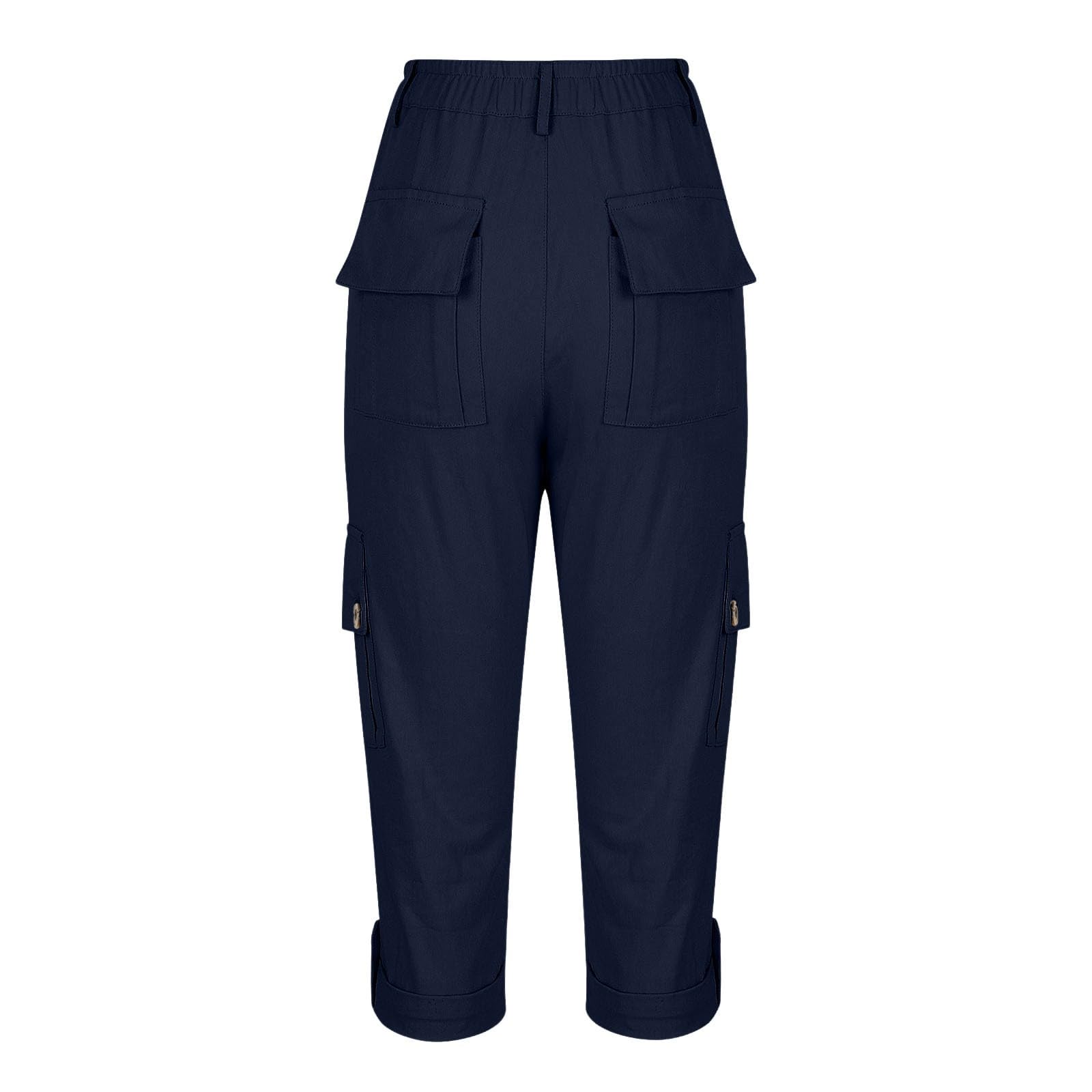 Pantalon Cargo Femme 3/4 Pantalon de Sport Été Léger Corsaire Femme avec Poches Latérales Bouton à la Taille Ourlet Roulé Pantacourt Décontracté pour Randonnée Travail Chasse