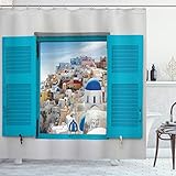 Ambesonne European Shower Curtain, Old Shutters of Window with View of Traditional Greek Village...