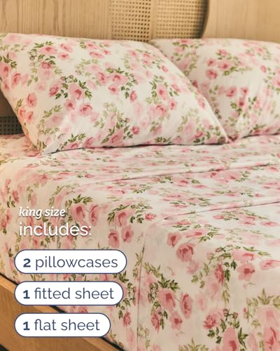 Image of King 4 Piece Boho Botanical Floral Sheet Set - Breathable & Cooling - Bloom | 1 Flat, 1 Fitted & 2 Pillowcases w / Deep Pockets, Boho Botanical Floral Bedding, Breathable & Cooling, Wrinkle & Fade Free