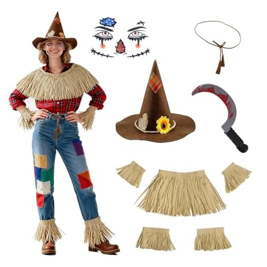 Disfraz de espantapájaros para mujer, sombrero con cinturón para la cintura, tatuaje de Halloween, accesorios para disfraz de Halloween para mujer y hombre para fiesta de cosecha, cosplay