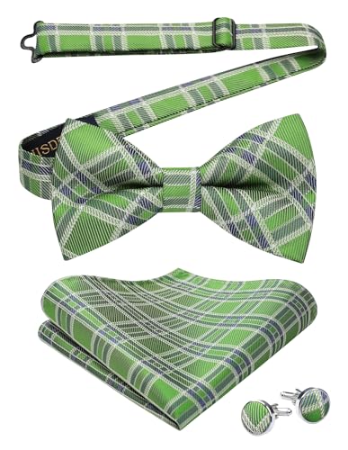 Image of HISDERN Mens Plaid Bow Tie Set Pocket Square and Cufflinks Bowtie | Pretied Bowties Design for Easy Wear,Check Pattern,Matching Handkerchief Cuff Link,3PCS Set Wedding Formal Party Groom Prom