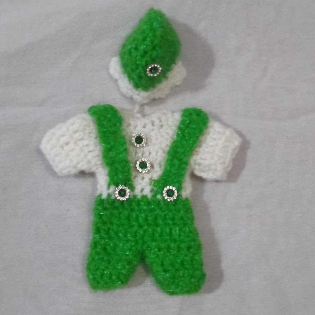 DAU JI DAMODAR NEW YEAR AND MAKAR SANKRANTI SPECIAL LATEST DESIGNED WOOLEN JUMPSUIT SET for LADDU GOPAL JI (set of 1 dress of Laddu Gopal ji) (For 5 no. Laddu Gopal Ji, Green)