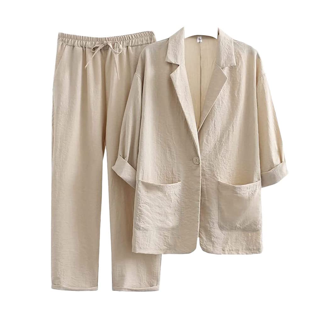 Femmes Costume Ensemble Plain Ensemble en Lin 2 Pièces Élégant Blazer Décontracté et Pantalon Habillé Travail Bureau d'affaires Casual Outfits Set