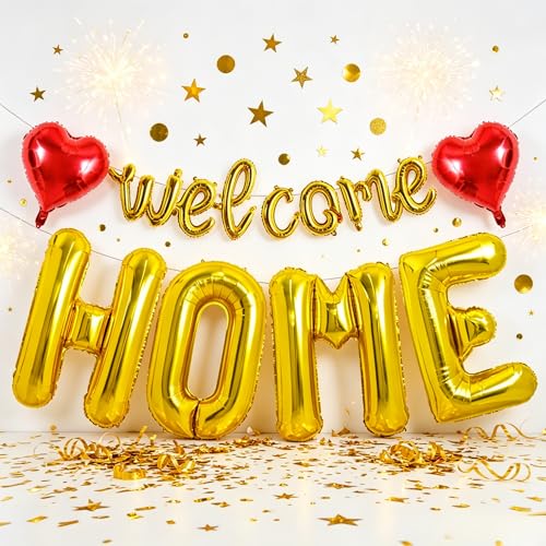 Image of TONIFUL 2 Size Gold WELCOME HOME Foil Balloons Banner Letter Decorations