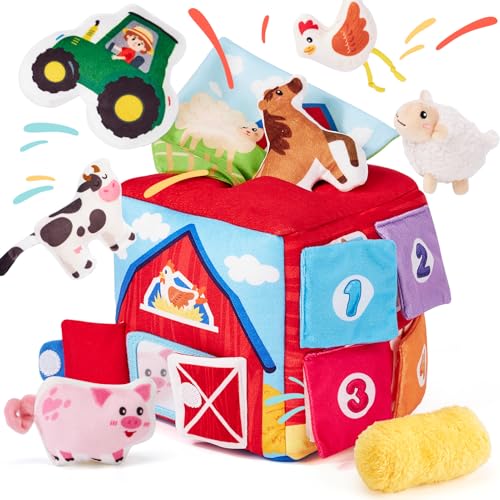 hahaland Baby Toys 6-12 Months - 13 PCS Whats Inside Box Surprise Developmental Toy with Stuffed Farm Animals, Rattle, Crinkle Tissue, Squeaker, Mirror, Sensory Montessori Toys for 6 Month Old Gifts