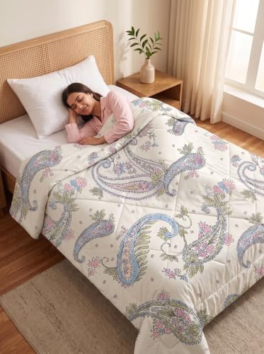 Image of Mafatlal 120 GSM Tulip AC Comforter for Single Bed | Ultra Soft Lightweight Reversible Blanket | Breathable Microfiber Quilt Rajai for All Season Comfort | 154 x 228 cm | Off-White