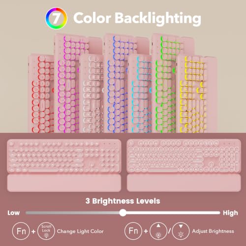 Image of Rechargeable Backlit Wireless Keyboard and Mouse Combo, Retro Typewriter Keyboard with Magnetic Wrist Rest, Light Up Letters, 2.4GHz Cordless Connection for Mac, Windows PC, Laptop (Glowing Pink)
