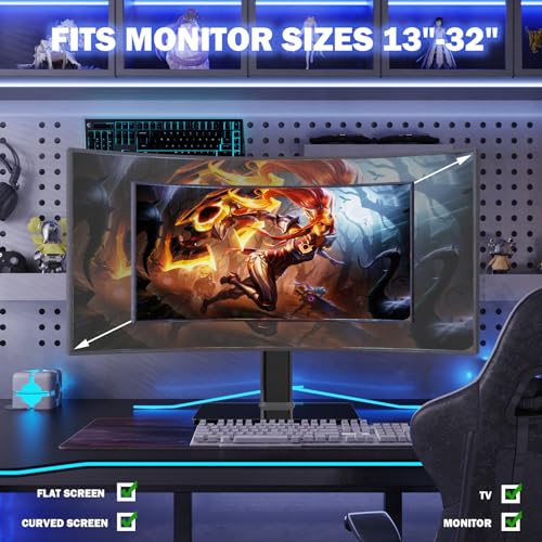 Image of Single LCD Computer Monitor Free-Standing Desk Stand Riser for 13 inch to 32 inch Screen with Swivel, Height Adjustable, Rotation, Holds One (1) Screen up to 77Lbs(HT05B-001))