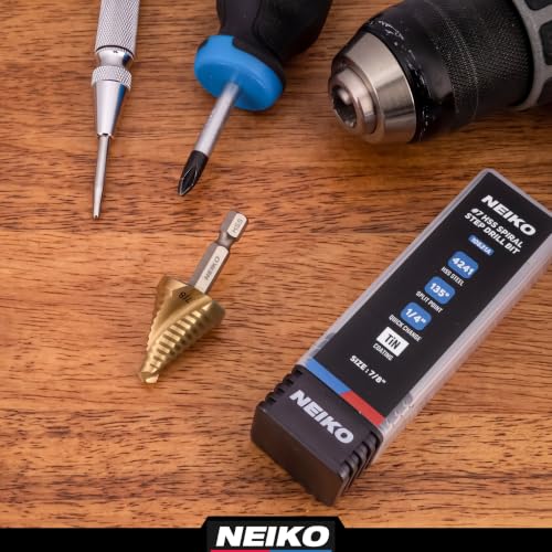 Image of NEIKO 10621A Step Drill Bit, 1 Step 7 /8 inch Spiral High Speed Steel, Titanium Nitride Coated, 1 /4 inch Quick Change Step Bits for Steel, Metal, Wood, Plastic, Unibit Cone Drill Bits, Two Flute